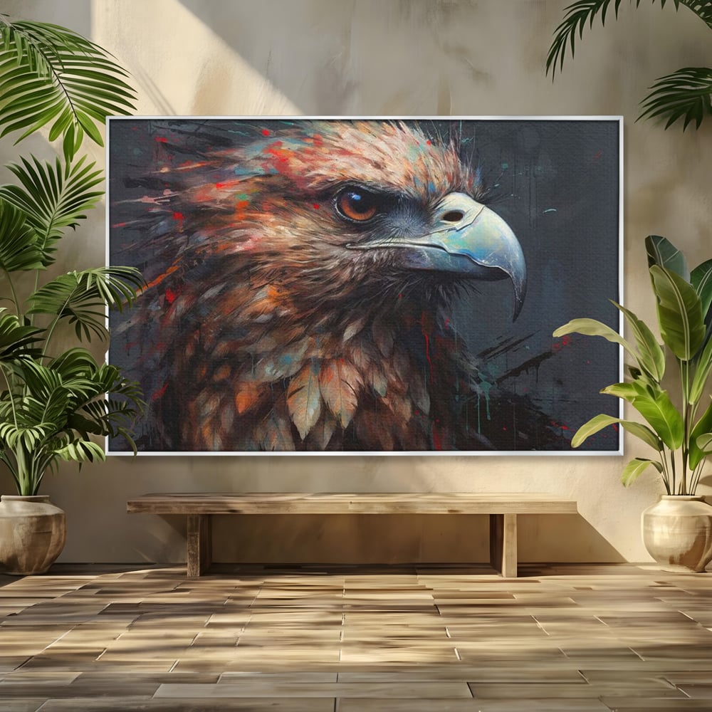 Tablou canvas cu tablou canvas cu vultur stilizat, in rama de aluminiu argintiu